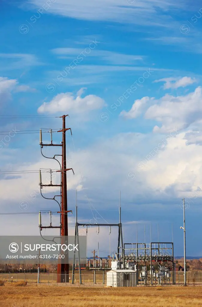 USA, Colorado, Electricity transmission tower, high voltage power lines, and electricity substation