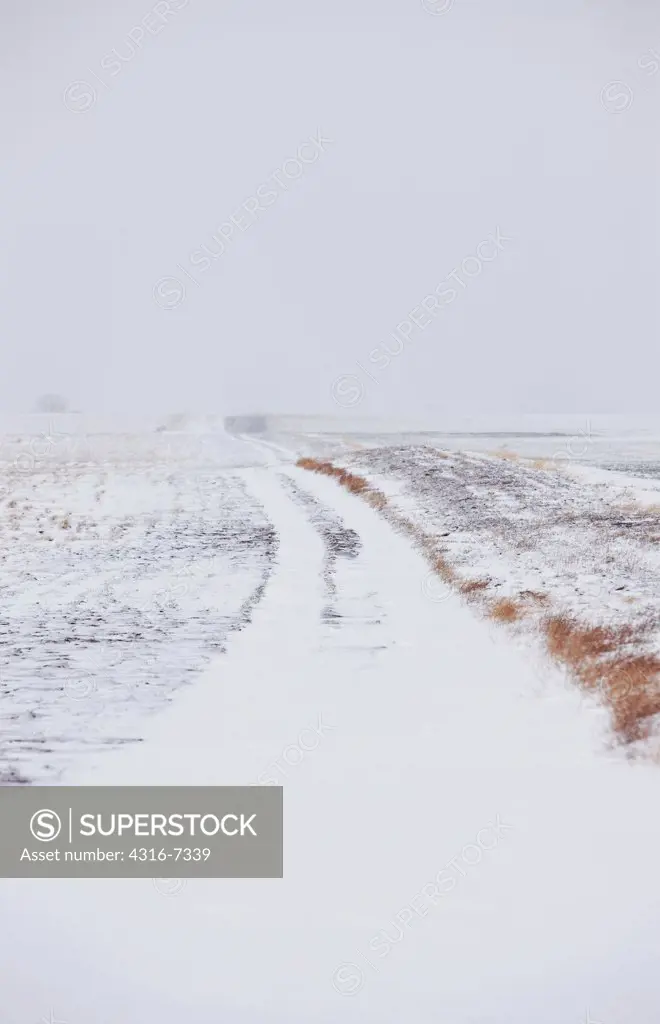 USA, Colorado, Eastern Plains of Colorado, Dirt road covered in wind-driven snow during blizzard