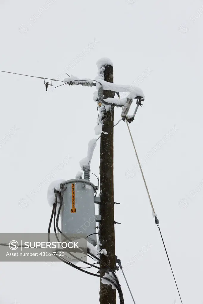 Power line, power pole, and transformer in wet, heavy snow during blizzard, Colorado