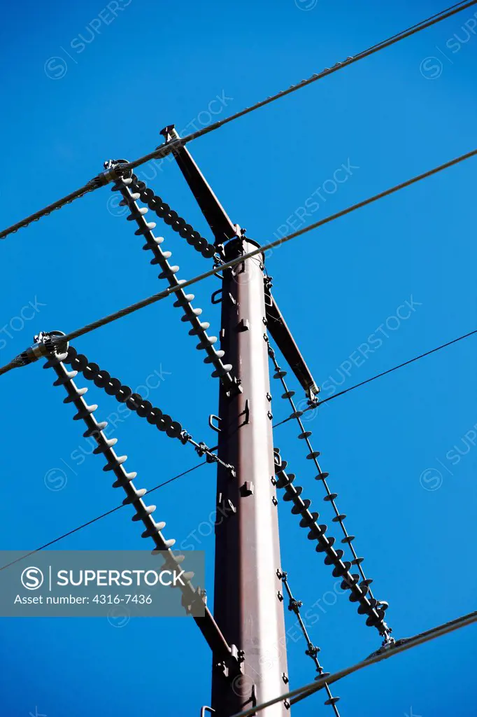 High voltage power lines, electricity transmission tower, and insulators