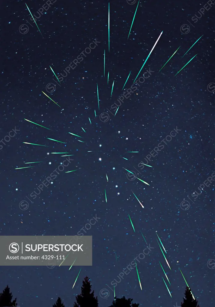 Spectacular meteors during a Leonid meteor shower, taken over a course of multiple exposures and combined. The Leonids are a prolific meteor shower associated with the comet Tempel-Tuttle. The color shift is due to the meteoroid's burning in the atmosphere.