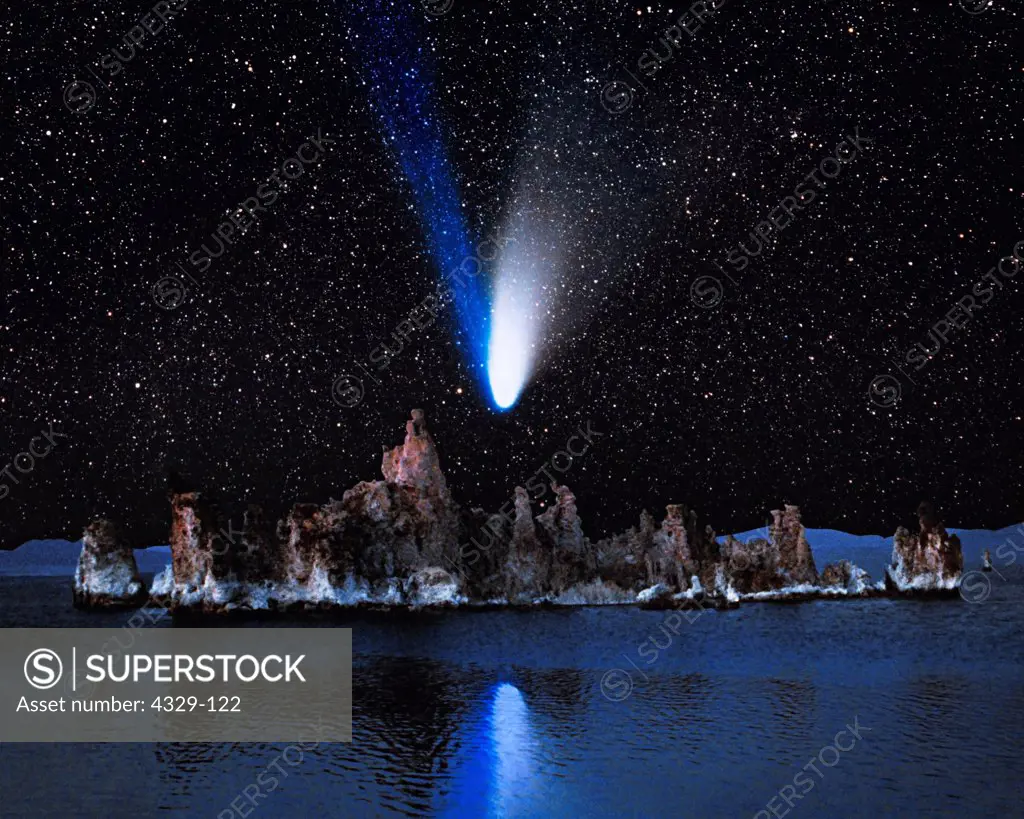 A digitally composited montage of Comet Hale-Bopp over Tufa formations in Mono Lake in California. The foreground was recorded in a time exposure 1/2 hour after sunset to create the strange lighting.