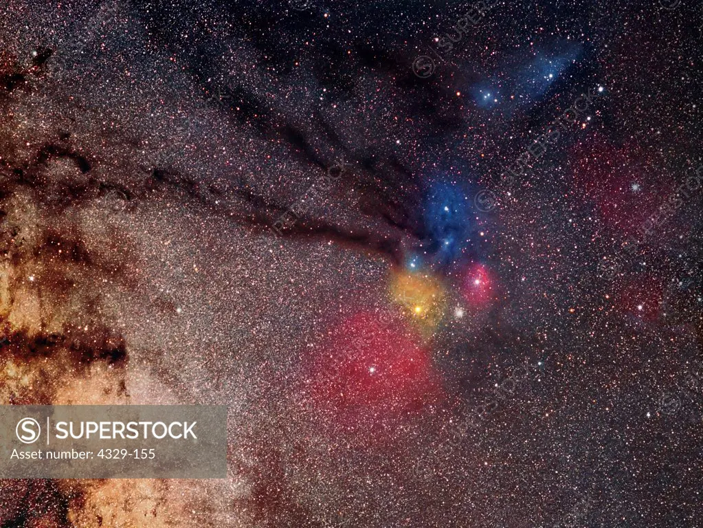 The nebulae of Rho Ophiuchus, including the blue IC 4592 at the top of the field, and the red Sh2-1 to the right. Also easily visible are the dark "pipes" that run from the edge of Sagittarius to Scorpio.