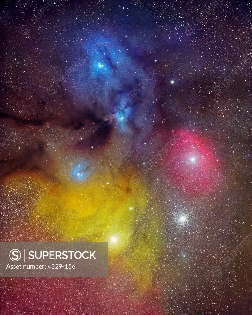 In the constellation Scorpio, the blue and yellow nebula are reflection nebulas, the red nebulas are emission nebulas, glowing hydrogen ions. The star at the base of the yellow nebulosity is Antares, a huge red giant, while next to it is the globular cluster M4. The blue nebulosity towards the top is IC 4604, while the red nebulosity to the right is Sh2-9.