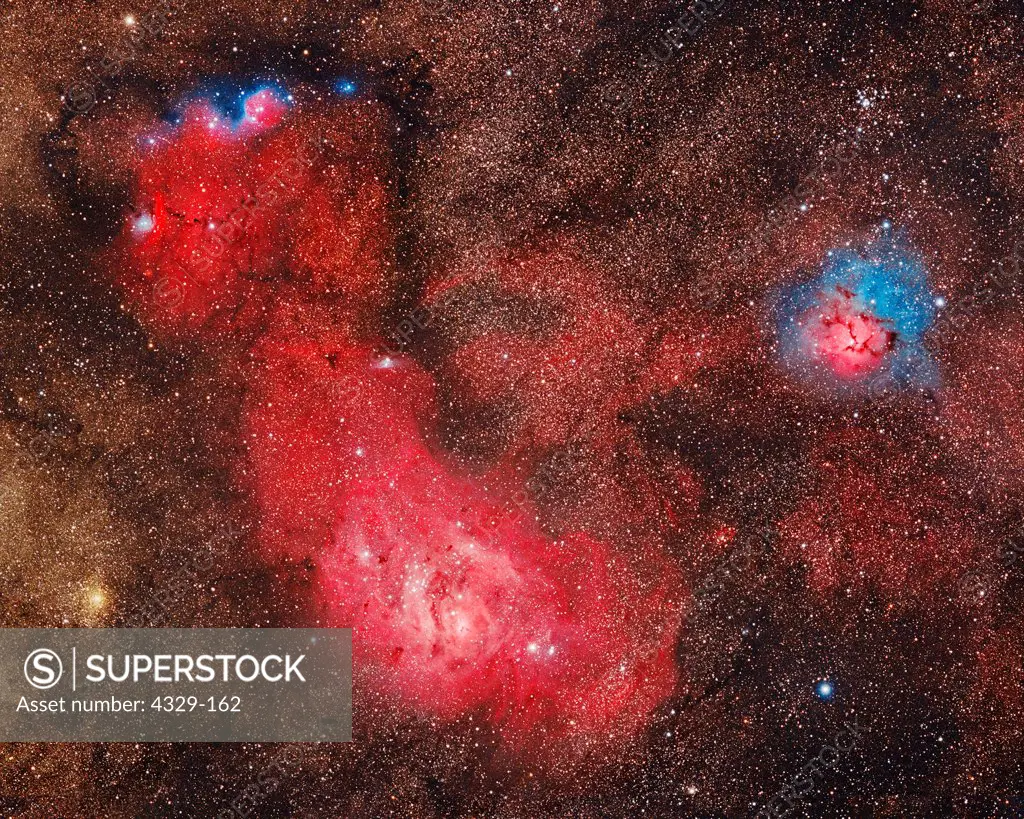 Seen here are the two nebulas, M8 and M20, The Lagoon (bottom center) and Trifid (right) and the NGC 6559 complex (top).The small globular cluster NGC 6544 is to the left of the image.