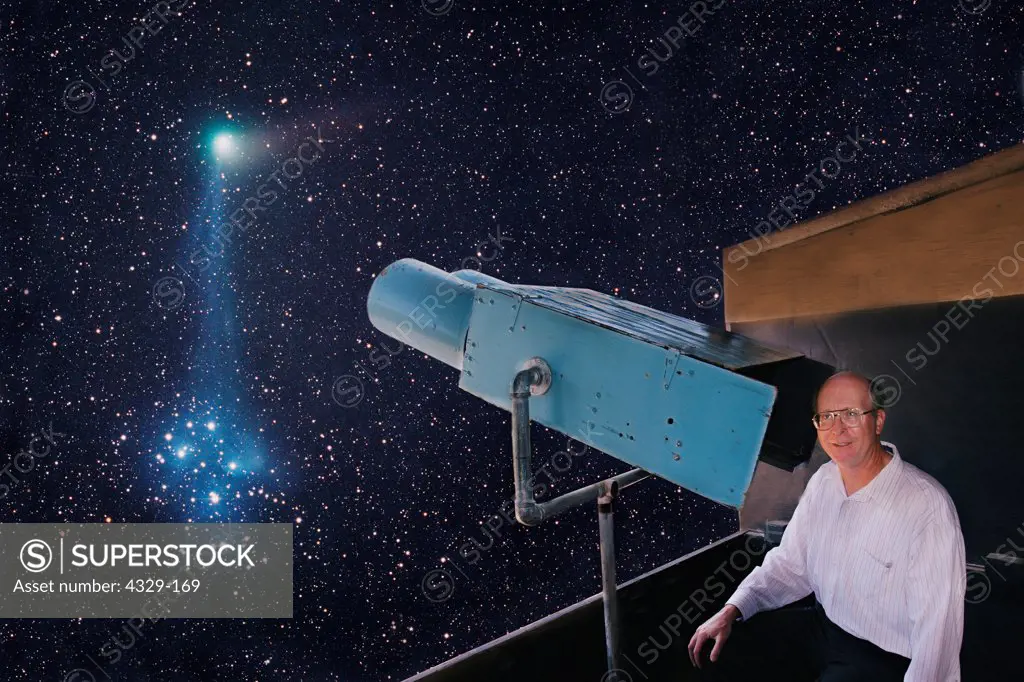 Comet hunter Don Macholtz with this home-made binoculars that he uses to sweep the sky; in the distance is Comet Machholz as it passed by M45, The Pleiades. Digitally composited. 