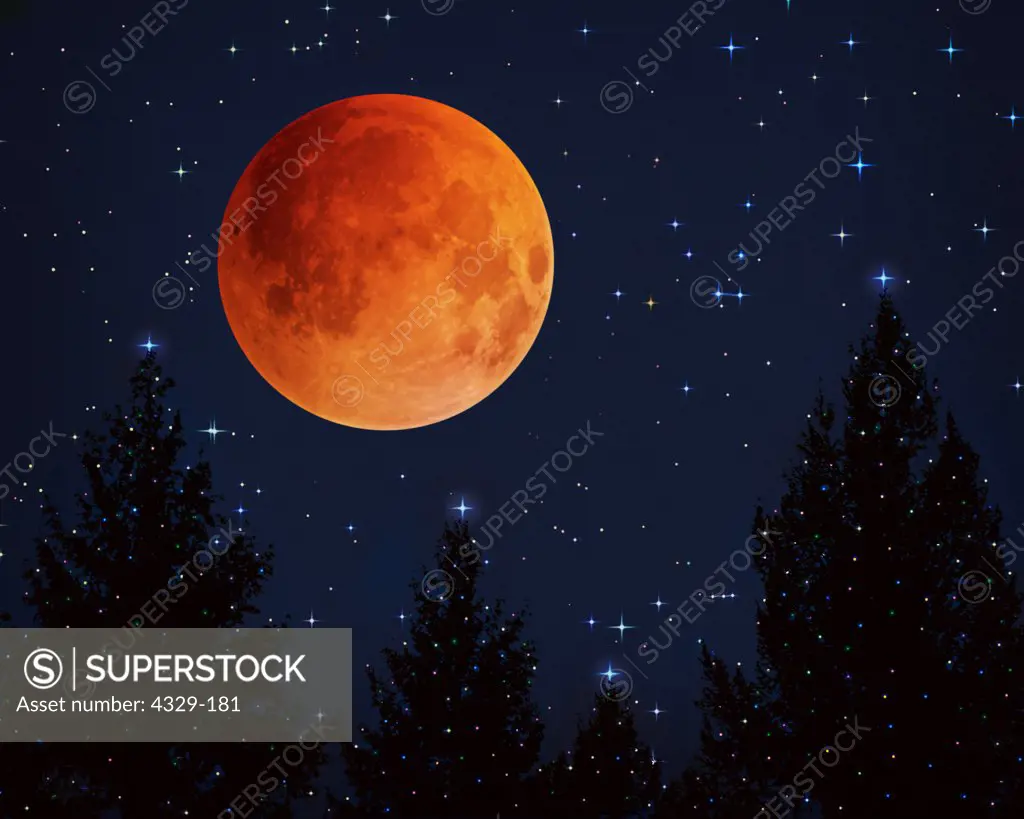 A full moon, red from eclipse, hangs over lighted pine trees. Digitally composited.