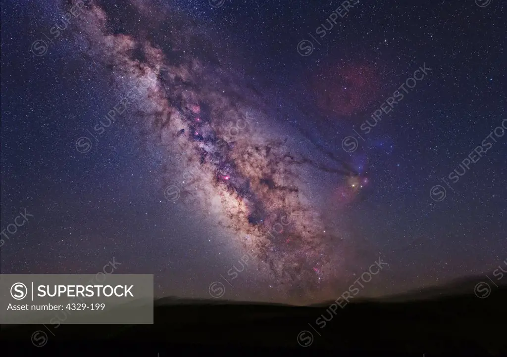 This is a wide field image of the sothern Milky Way as it appears from northern California. It was taken from a very dark location in the NE corner of the state. It is made from 9 dithered images for high signal to noise and was made with a Nikon 14-24mm f/2.8 G zoom lens and a Canon 6D camera that was modified to accept the H-a wavelength of light. Taken from Likely Place RV Resort, Likely, CA.