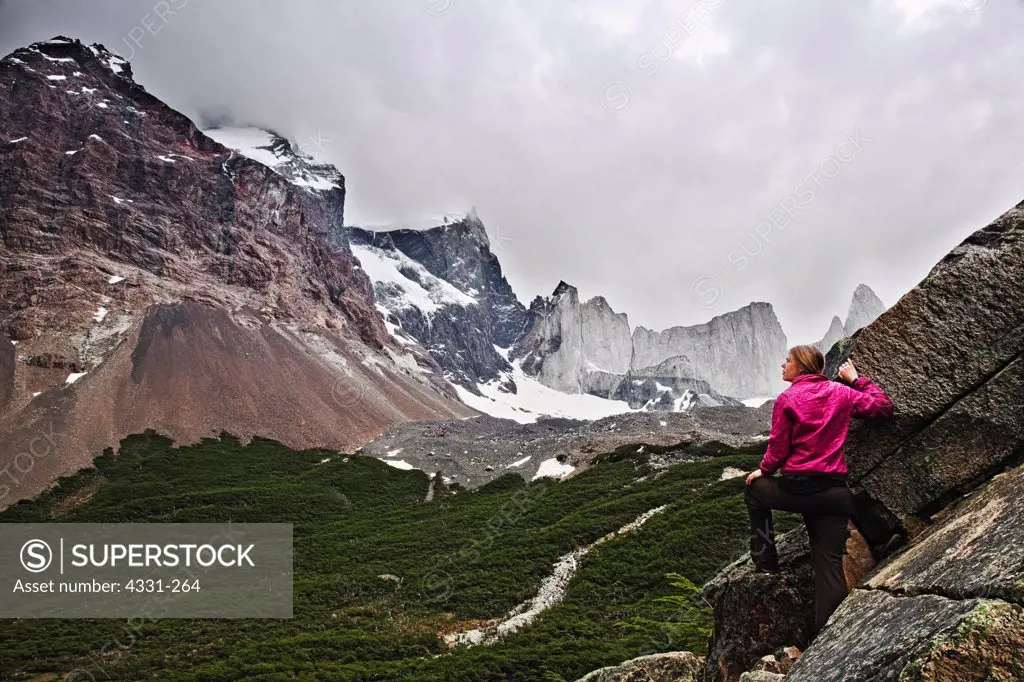 Young Hiker Looks Towards Peaks on the Torres Del Paine Trail