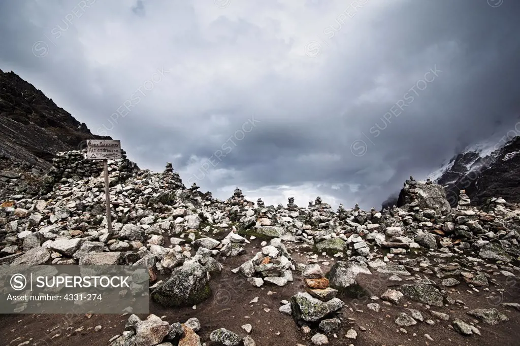 Rocks Piled at Salkantay Pass as Markers for the Highest Summit of the Trek