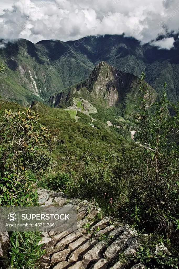 Looking Toward Machu Picchu Ruins and Huayna Picchu Mountain