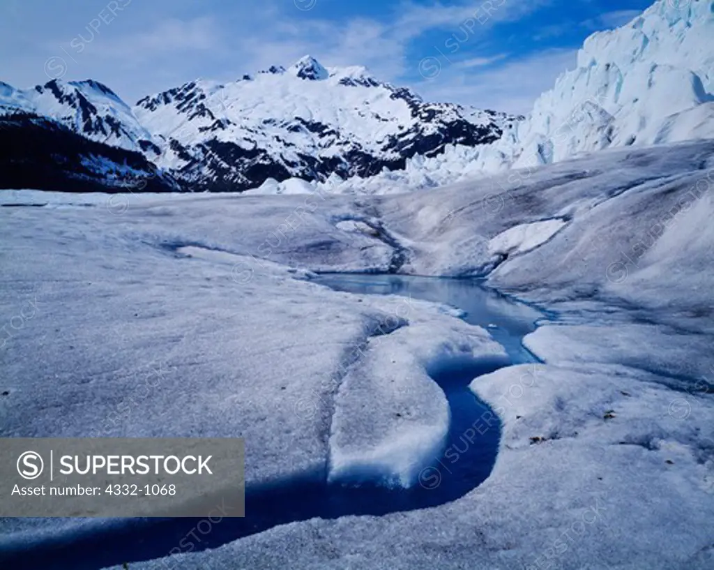 Surface of the Mendenhall Glacier with Mount Stroller White beyond, Tongass National Forest, Alaska.