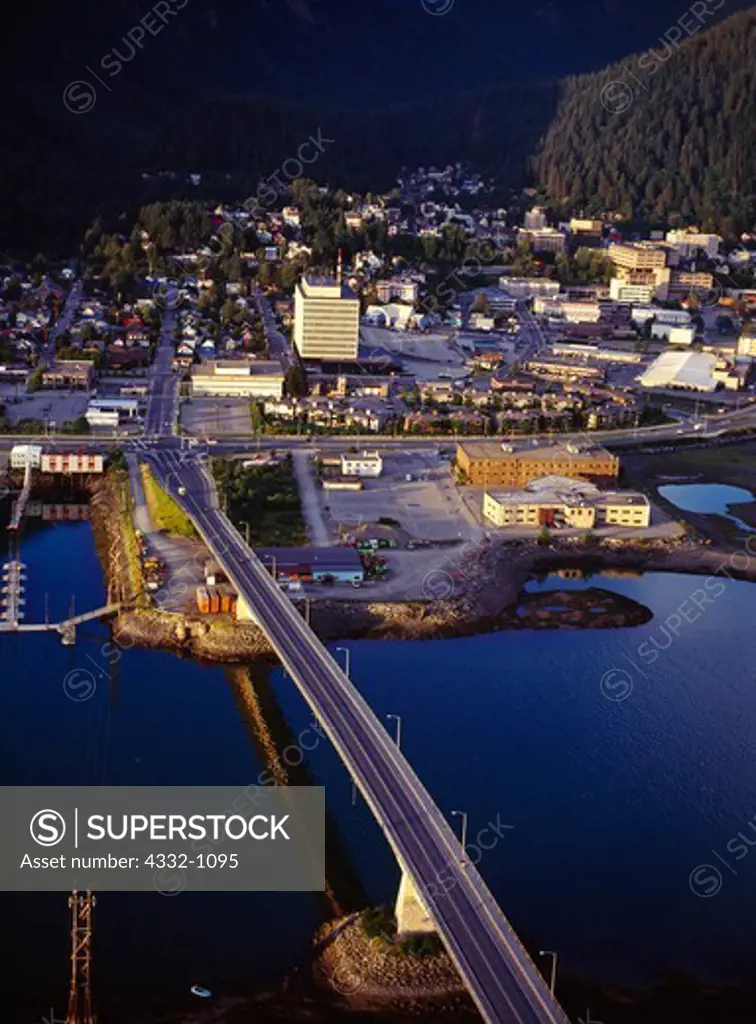 Aerial view of the Douglas Bridge and the capital city of Juneau, Alaska.