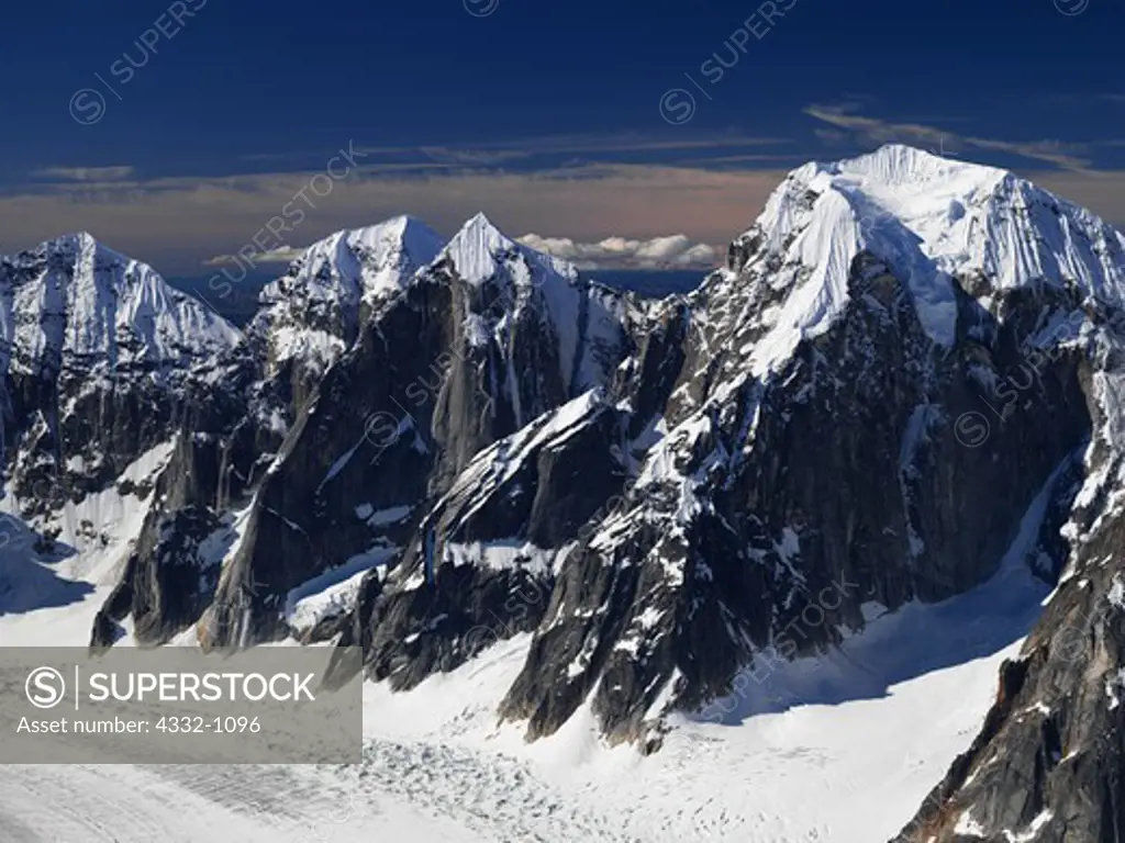 Aerial view (left to right) of Mt. Church, Mt. Grosvenor, Mt. Johnson and Mt. Wake on the west side of The Great Gorge, Ruth Glacier, Denali National Park, Alaska.