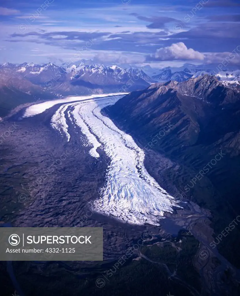 Aerial view of the Matanuska Glacier flowing from the Chugach Mountains, Alaska.