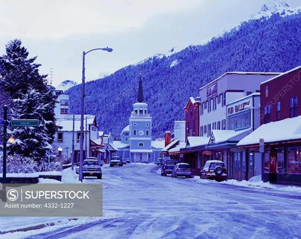 Winter view down Lincoln Street to St. Michael's Russian Orthodox Cathedral, Sitka, Alaska.