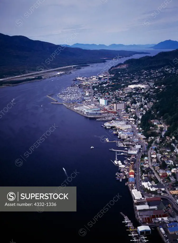 Aerial view of Tongass Narrows and the city of Ketcikan, Alaska.