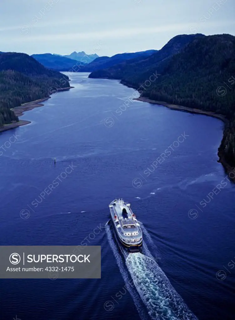 Aerial view of the Alaska Marine Highway ferry M/V Matanuska departing Sitka through Olga Strait, Alaska.