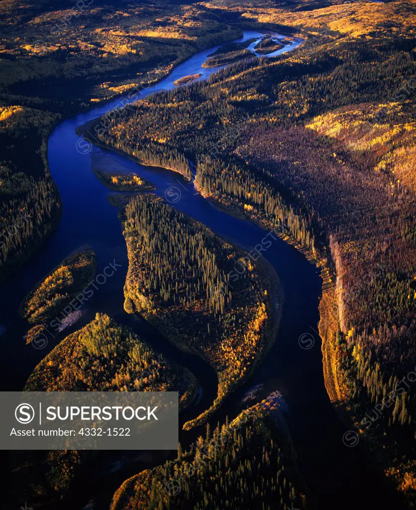 Aerial view of autumn colors along braided channels of the Kobuk River, Gates of the Arctic National Preserve, Alaska.