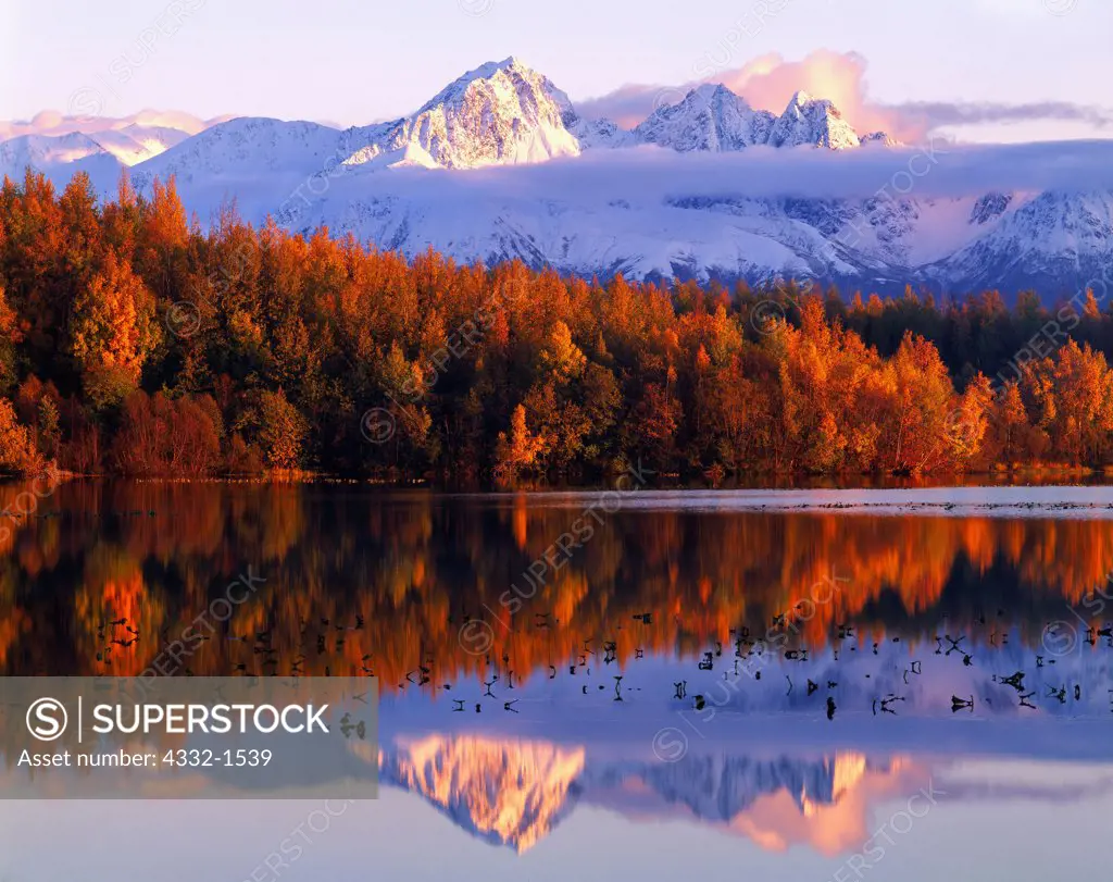 Autumn reflection of Goat Mountain and Twin Peaks of the Chugach Range in Cottonwood Lake, Matanuska Valley between Palmer and Wasilla, Alaska.
