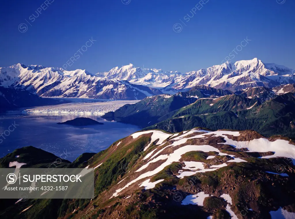 Aerial view of Disenchantment Bay and the Hubbard Glacier with Mount Foresta, Mount Hubbard and Mount Seattle beyond, Tongass National Forest and Wrangell-Saint Elias National Park, Alaska.