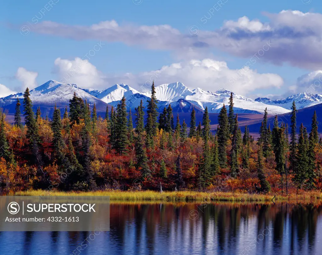Autumn view of Rock Lake with the Wrangell Mountains to the southeast, Wrangell-St. Elias National Park and Preserve, Alaska.