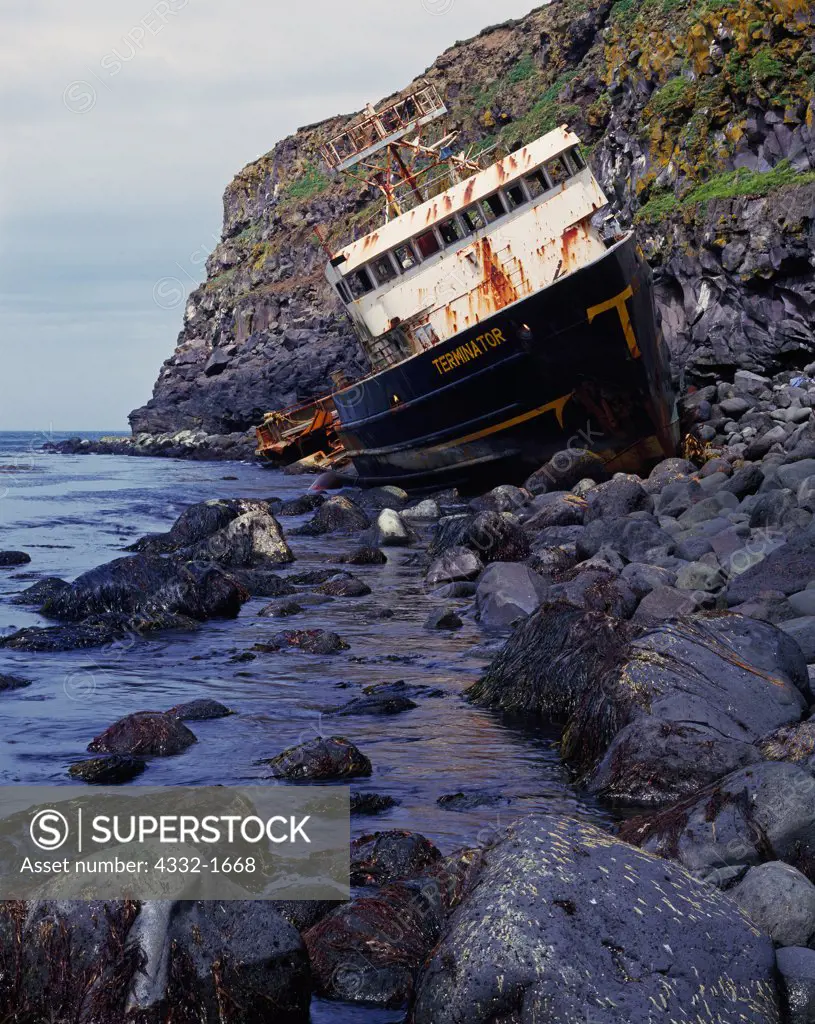 Shipwreck of the 157-foot F/V Terminator on the west shore of Saint Paul Island, Pribilof Islands, Bering Sea, Alaska.