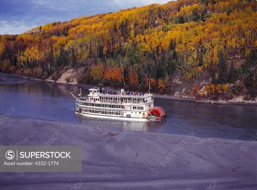 Aerial view of the Riverboat Discovery III touring fall colors along the Tanana River, Fairbanks, Alaska.