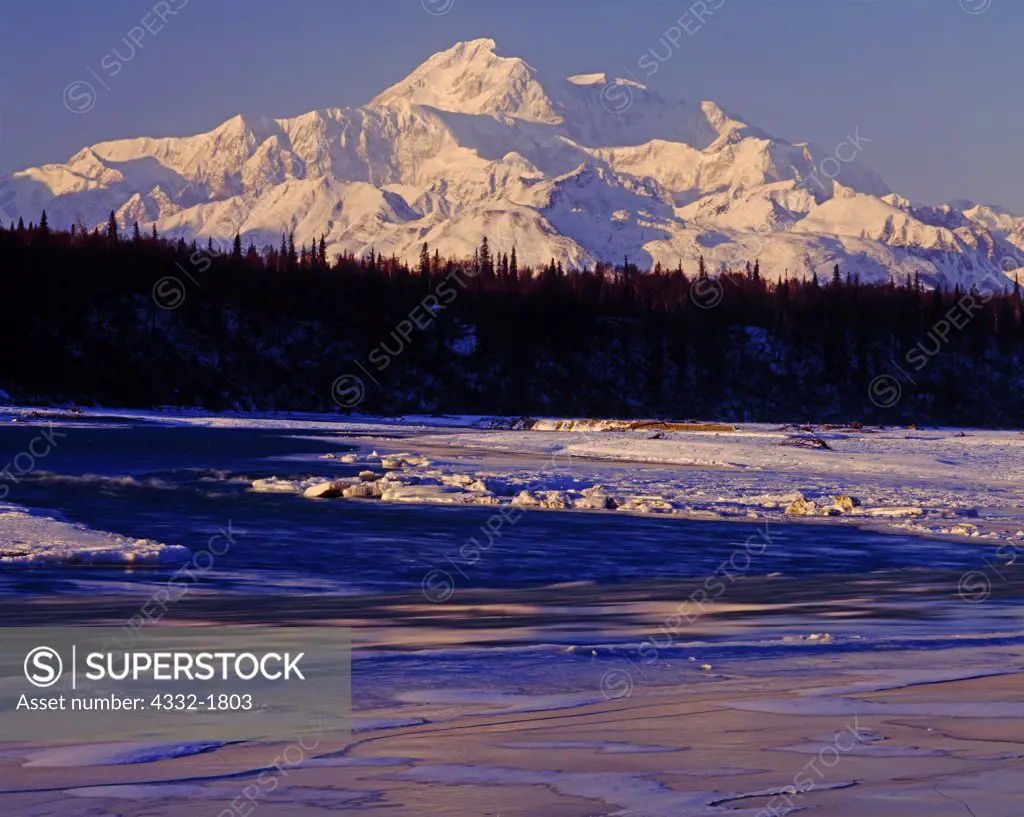 Winter view of the south side of Denali or Mount McKinley looming avove the Chulitna River, Denali State Park and Denali National Park, Alaska.