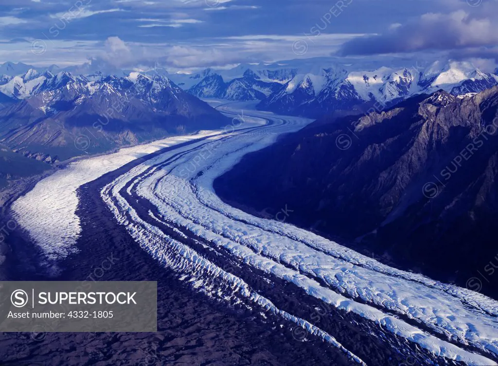 Aerial view of the Matanuska Glacier flowing from the Chugach Mountains, Alaska.