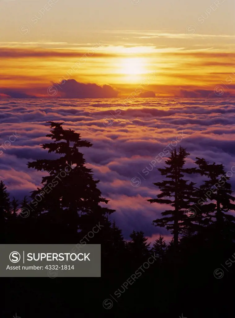 USA, Alaska, Tongass National Forest, Baranof Island, Sun setting over fog-blanketed Sitka Sound