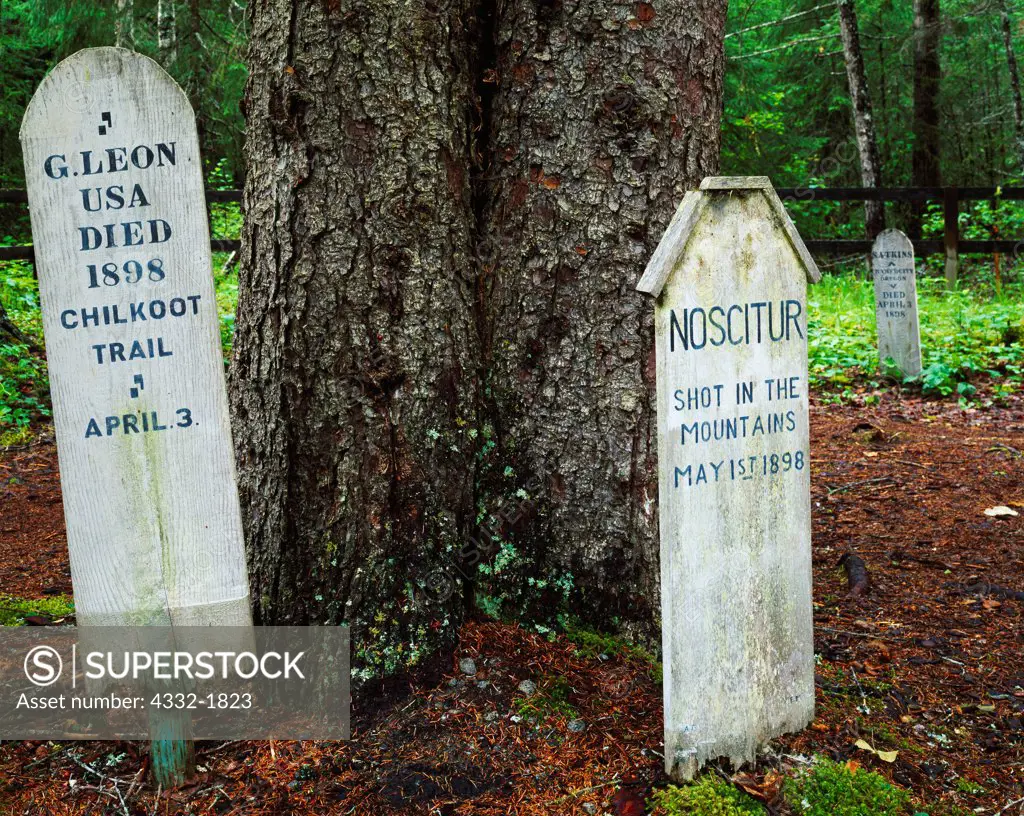 Grave marker for G. Leon, one of sixty avalanche victims killed April 3, 1898 on the Chilkoot Trail, and Noscitur who was shot in the Mountains, Slide Cemetery, Dyea, Klondike Gold Rush National Historical Park, Alaska.