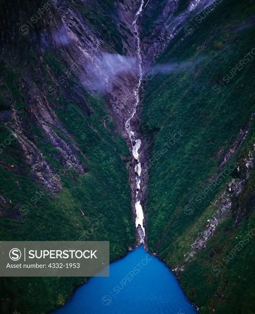 Aerial view of cliffs and waterfalls along Tracy Arm, Tracy Arm-Fords Terror Wilderness, Tongass National Forest, Alaska.
