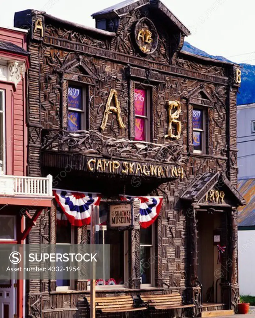 A.B. Hall, Camp Skagway Number 1, dating from 1899 and decorated with 20,000 driftwood sticks, Skagway Historic District, Klondike Gold Rush National Historical Park, Alaska.