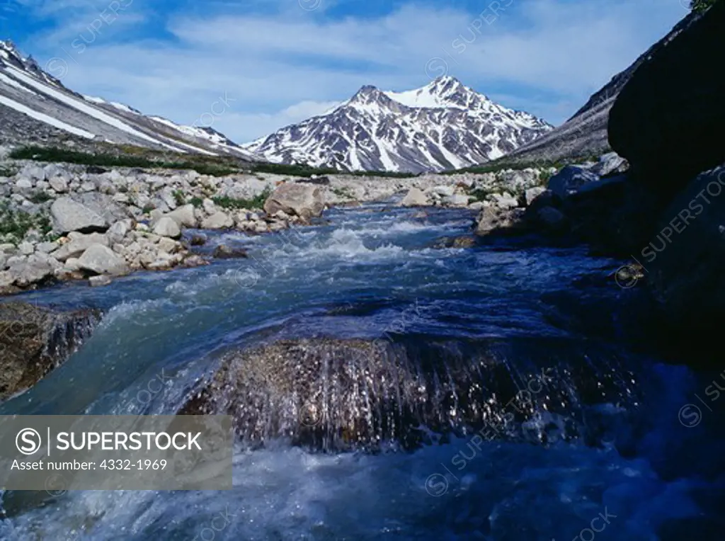 The Telaquana River near its headwaters in a U-shaped, glacially-carved valley southwest of Telaquana Pass, Lake Clark National Preserve, Alaska.
