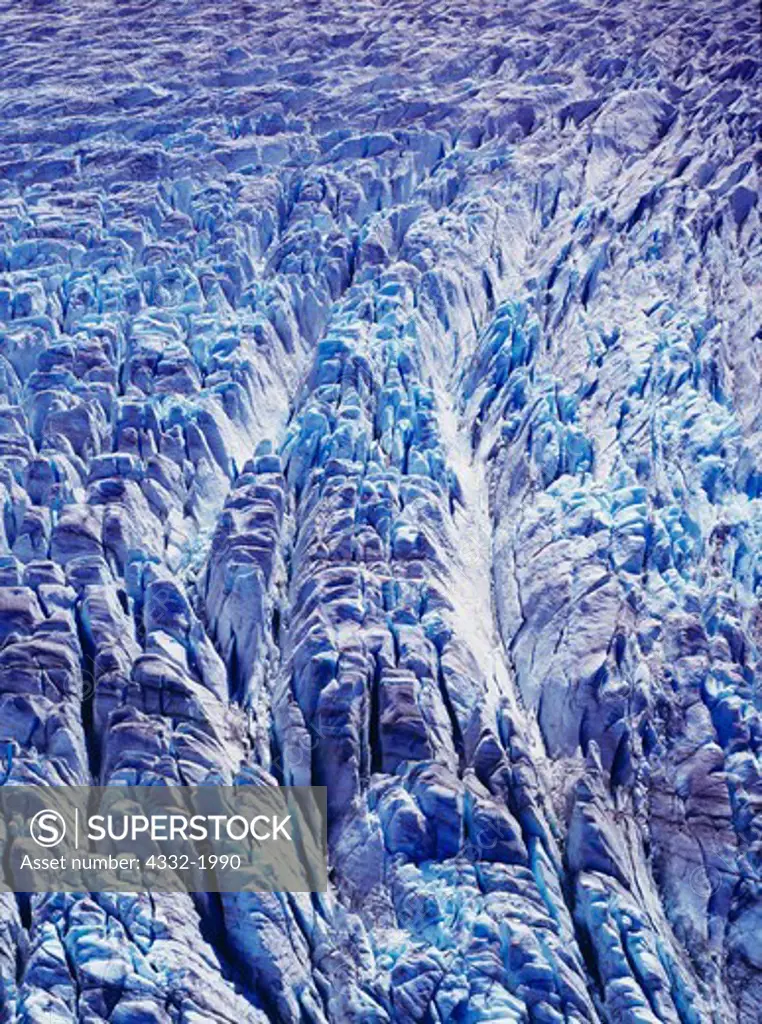 Aerial view of pattern of crevasses on the Mendenhall Glacier, Tongass National Forest, Alaska.