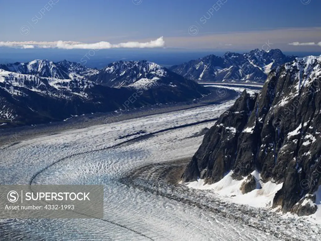 Aerial view of the Ruth Glacier emerging from The Great Gorge, Denali National Park, Alaska.