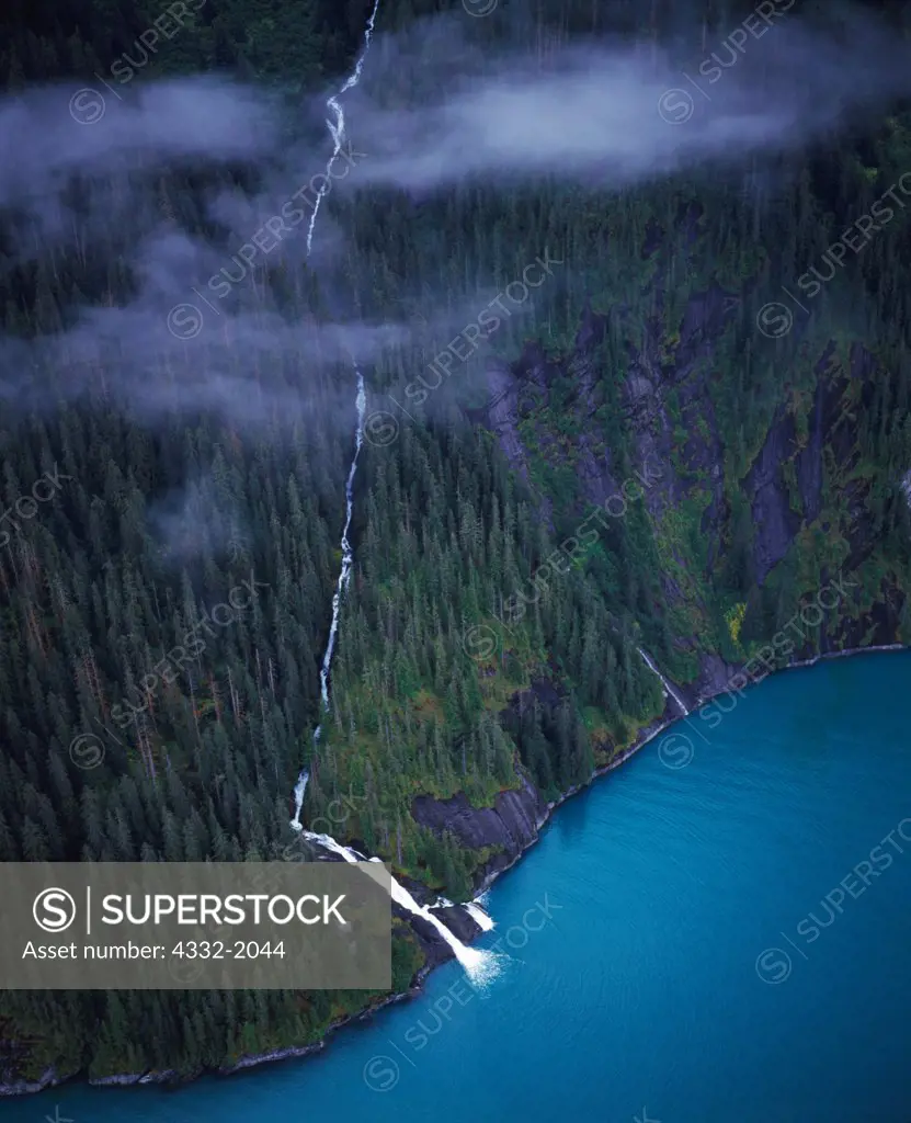 Aerial view of cliffs and waterfalls along Tracy Arm, Tracy Arm - Fords Terror Wilderness, Tongass National Forest, Alaska.