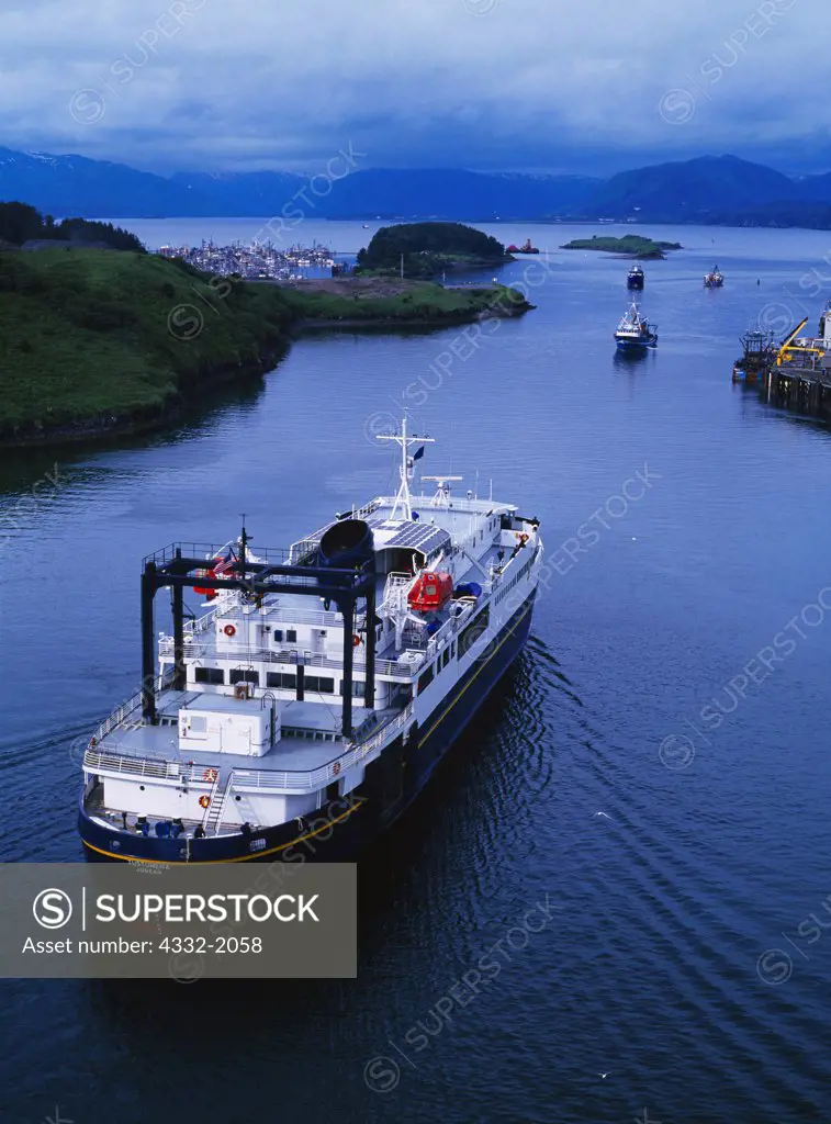 The Alaska Marine Highway ferry M/V Tustumena sailing into Kodiak, Alaska.