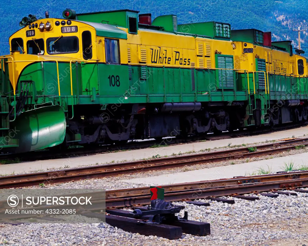Diesel engines 108 and 109 of the historic narrow gauge White Pass & Yukon Route Railway, Skagway, Alaska.