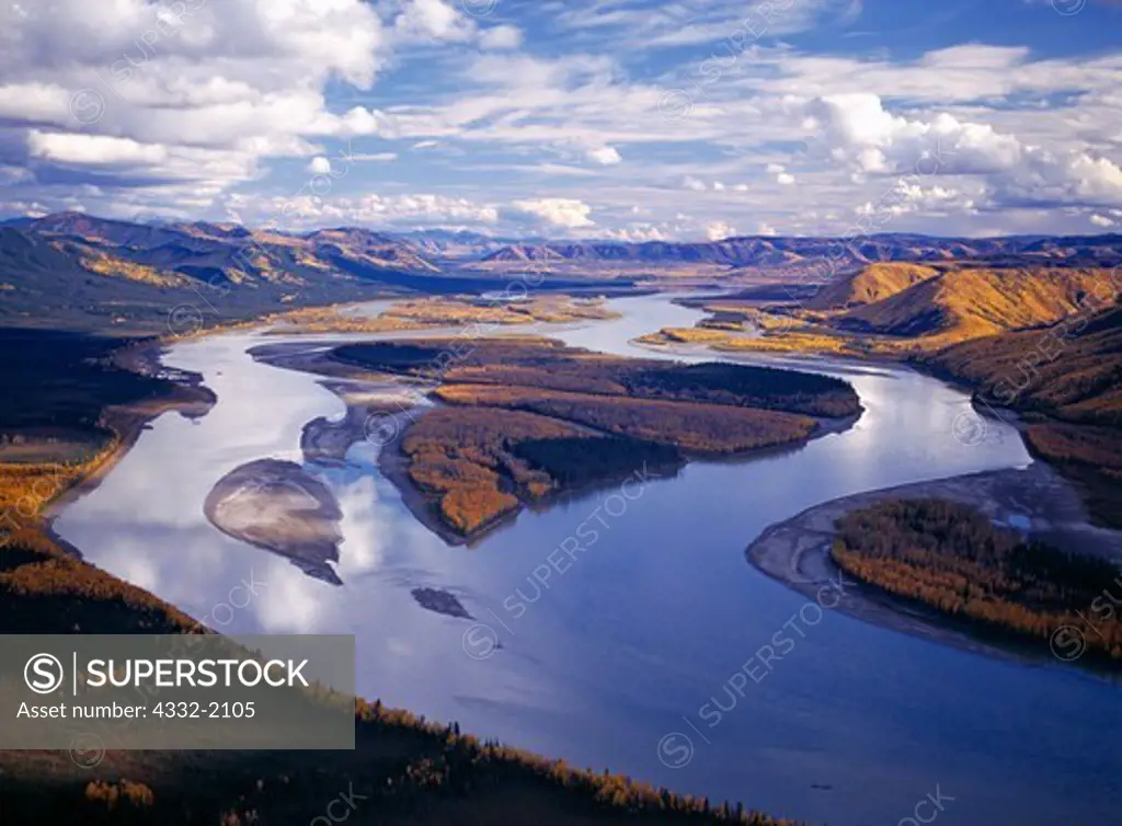 Aerial view of the Yukon River with autumn colors upstream from Kathul Mountain, Yukon-Charley Rivers National Preserve, Alaska.