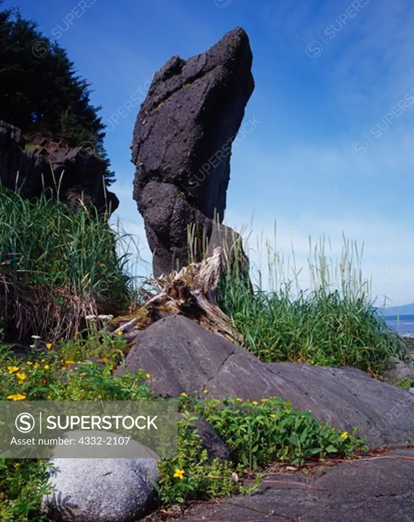 Wave-carved spire on the northwest end of Kayak Island, Gulf of Alaska, Chugach National Forest, Alaska.