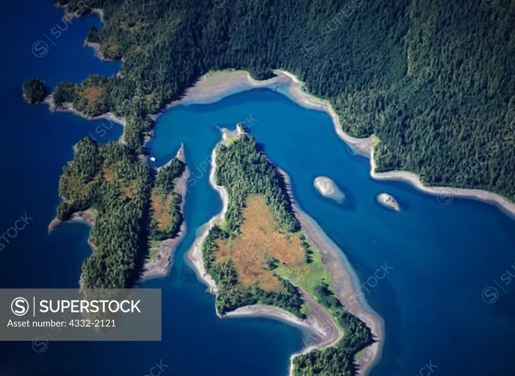 Aerial view of shore of Simpson Bay with islands, Prince William Sound, Chugach National Forest, Alaska.