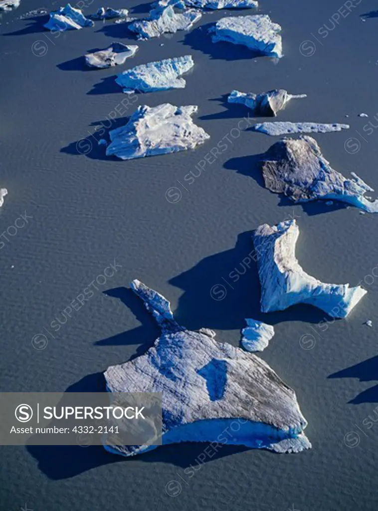 Aerial view of icebergs from the Yakutat Glacier floating in Harlequin Lake, Russell Fiord Wilderness, Tongass National Forest, Alaska.
