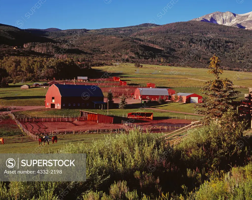 Sopris Mountain Ranch with Mount Sopris beyond, Roaring Fork Valley, Basalt, Colorado.