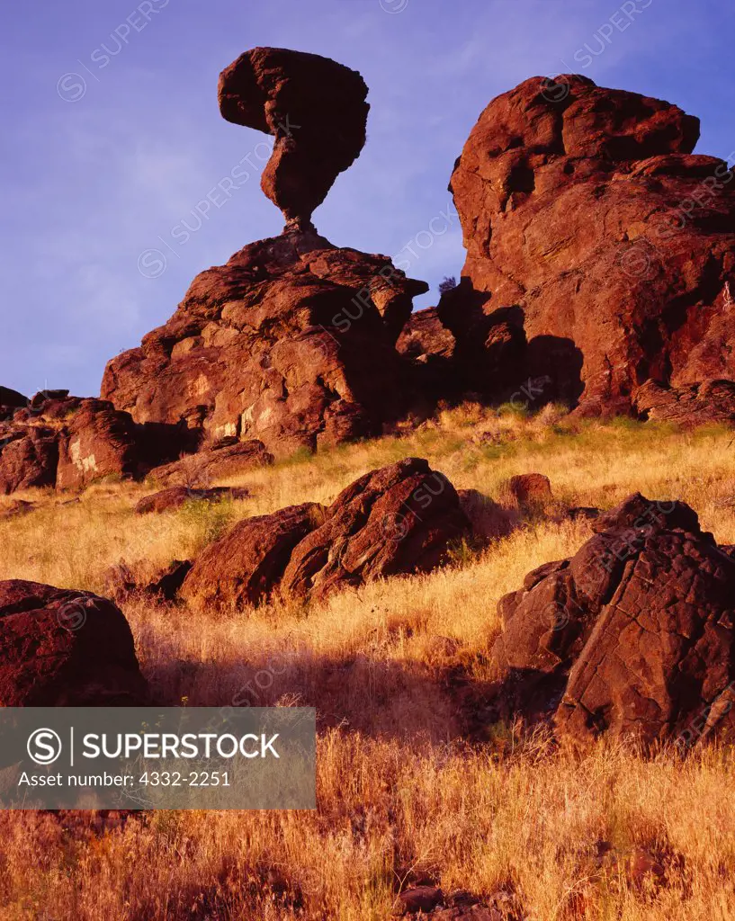 Balanced Rock, a 40-ton basalt boulder, 48-feet-tall on a 3-foot by 17-inch pedestal, near Castleford and Buhl, Idaho.