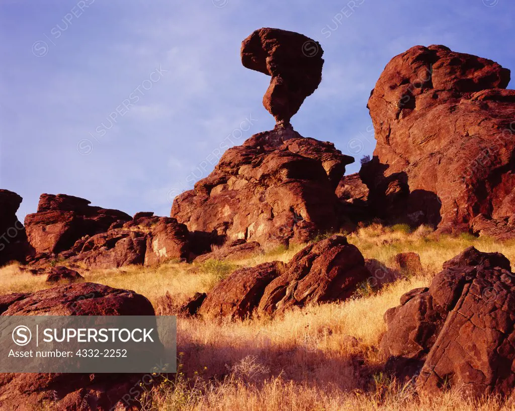 Balanced Rock, a 40-ton basalt boulder, 48-feet-tall on a 3-foot by 17-inch pedestal, near Castleford and Buhl, Idaho.