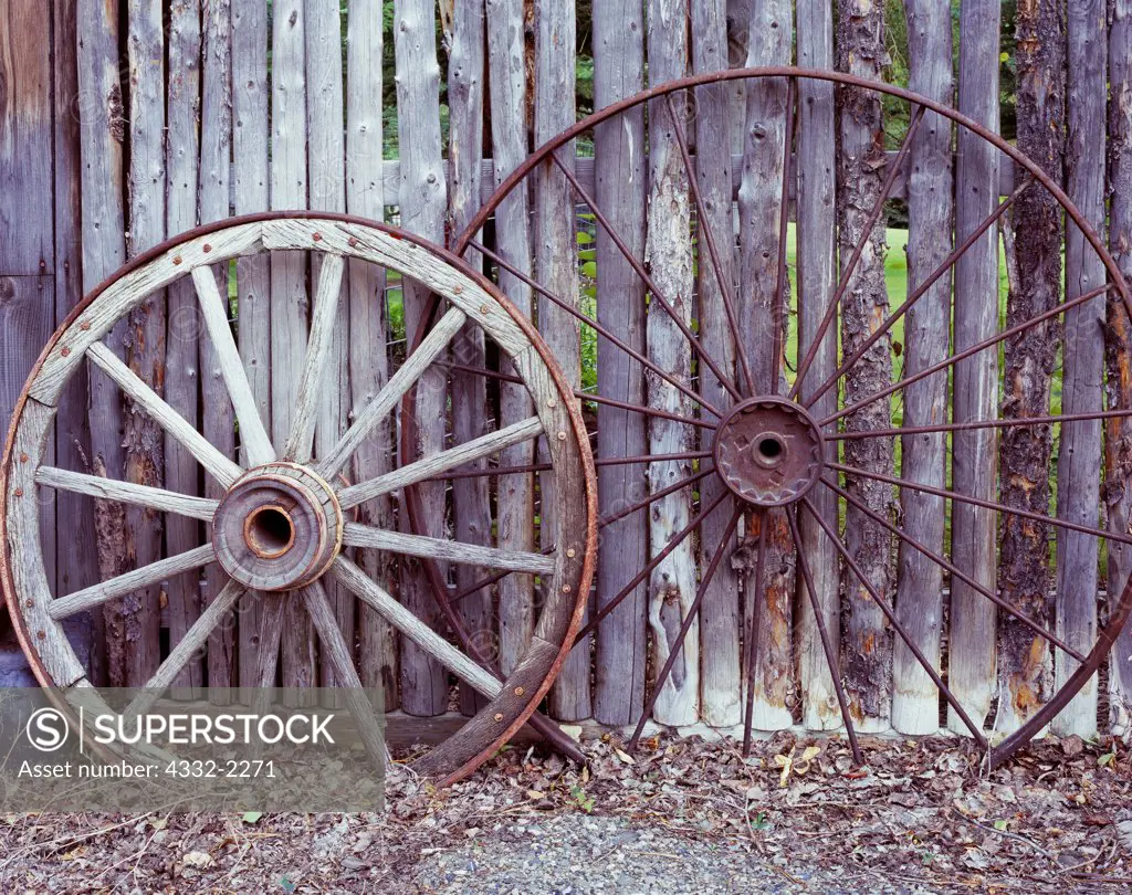 Antique wagon and irrigation wheels collected by Dan Tucker and displayed by the Triumph Mill, Triumph, Idaho.