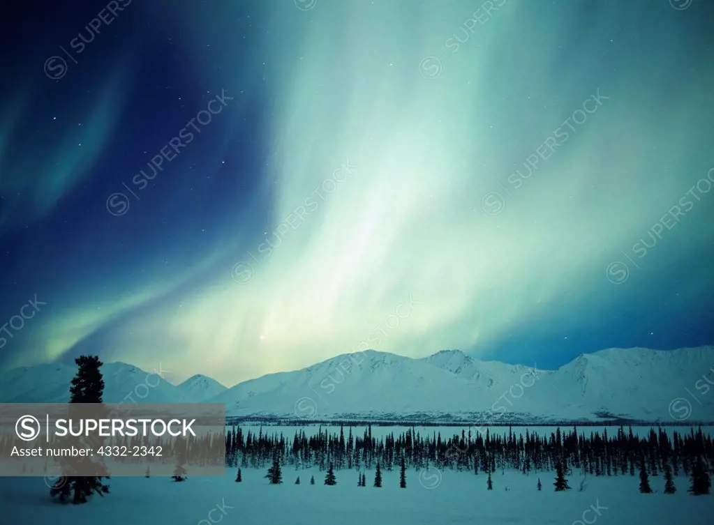 Aurora above the Talkeetna Mountains viewed from Broad Pass during geomagnetic storm on January 17, 2005, Alaska.