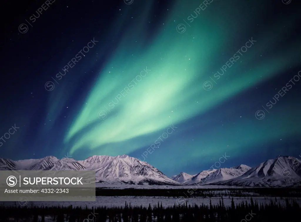 Aurora above the Talkeetna Mountains viewed from Broad Pass during geomagnetic storm on January 17, 2005, Alaska.